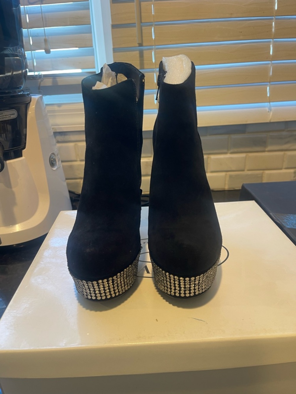 Black Women's Suede Platform Ankle Boots with Rhinestone Trim